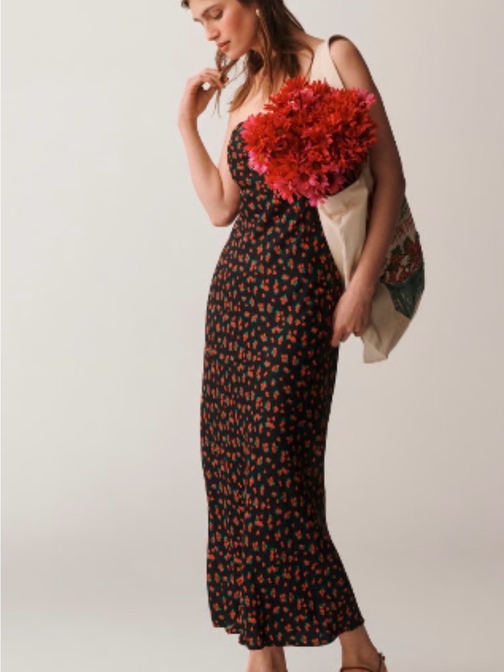 Anthropologie Black Maxi Slip Dress with Red Floral Print